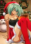  1girl bare_shoulders blush breasts christmas cleavage female green_eyes green_hair ikkitousen large_breasts looking_at_viewer official_art ryofu_housen sitting smile solo twintails 