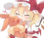  animal_ears blonde_hair blush closed_eyes crossover crystal flandre_scarlet flareon gen_1_pokemon hat hat_ribbon heart lowres mob_cap open_mouth paragasu_(parags112) pokemon pokemon_(creature) ponytail puffy_sleeves ribbon short_sleeves side_ponytail simple_background smile touhou upper_body vest white_background wings wrist_cuffs 