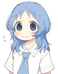  1girl alternate_hairstyle blue_eyes blue_hair blue_necktie closed_mouth collared_shirt commentary_request flying_sweatdrops highres light_blush looking_at_viewer medium_hair naganohara_mio naganoharamiomio necktie nichijou school_uniform shirt short_sleeves simple_background solo summer_uniform sweat tokisadame_school_uniform upper_body white_background white_shirt wolf_cut 