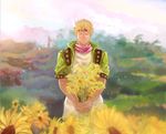  absurdres bad_id bad_pixiv_id blonde_hair bouquet bubble caesar_anthonio_zeppeli facial_mark feathers flower hair_feathers headband highres jojo_no_kimyou_na_bouken male_focus silence_(txx961410160) solo sunflower 