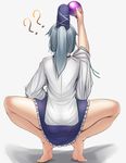  ? ass ayakumo back ball bare_legs barefoot commentary hat hat_ribbon highres long_sleeves miniskirt mononobe_no_futo occult_ball ponytail ribbon shirt silver_hair skirt soles solo spread_legs squatting touhou wide_sleeves 