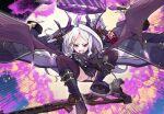  1girl :d ahoge armband ass belt bent_over black_boots black_coat black_gloves black_skirt black_thighhighs blue_archive boots coat coat_on_shoulders demon_girl demon_horns demon_wings explosion forehead fur-trimmed_coat fur_trim gloves gun hair_ornament hairclip halo hina_(blue_archive) horns jumping knee_boots long_hair long_sleeves looking_at_viewer machine_gun mg42 military_uniform mosuke1221 open_clothes open_coat panties pantyshot parted_bangs pencil_skirt purple_eyes purple_halo reaching reaching_towards_viewer red_armband sam_browne_belt side_slit sidelocks skirt smile solo striped_clothes striped_panties thighhighs underwear wavy_hair weapon white_hair wind wings 