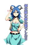  blue_eyes blue_hair breasts cleavage collarbone hair_ornament hair_stick hand_on_hip heart highres kakao_(noise-111) kaku_seiga large_breasts navel one_eye_closed solo touhou v white_background 