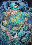  1boy argyle_clothes argyle_sweater belt_buckle blonde_hair blue_bow blue_eyes blue_helmet boots bow brown_boots brown_gloves buckle diego_brando dinosaur_skeleton dinosaur_tail gloves green_sweater helmet jojo_no_kimyou_na_bouken long_hair looking_at_viewer painting_(medium) scary_monsters_(stand) si3art spurs steel_ball_run sweater tail traditional_media watercolor_(medium) 