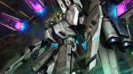  absurdres artist_request asteroid axis_(gundam) battle beam_cannon char&#039;s_counterattack copyright_logo energy energy_beam fin_funnels glowing glowing_eyes green_eyes gundam gundam_battle_operation_2 highres looking_at_viewer machinery mecha mecha_focus mobile_suit no_humans nu_gundam nu_gundam_hws official_art realistic robot science_fiction space sunrise_(company) thrusters v-fin weapon zero_gravity 