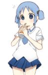  1girl blue_eyes blue_hair blue_necktie blue_skirt collared_shirt commentary_request cowboy_shot cube_hair_ornament cup drinking hair_ornament highres holding holding_cup light_blush looking_at_viewer miniskirt naganohara_mio naganoharamiomio necktie nichijou notice_lines plaid_clothes plaid_skirt school_uniform shirt short_hair short_sleeves short_twintails simple_background skirt solo standing summer_uniform tokisadame_school_uniform twintails white_background white_shirt 