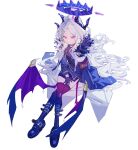  1girl ahoge armband belt black_boots black_coat black_gloves black_skirt black_thighhighs blue_archive boots coat coat_on_shoulders crossed_legs demon_girl demon_horns demon_wings forehead fur-trimmed_coat fur_trim gloves hair_ornament hairclip halo highres hina_(blue_archive) horns knee_boots kurattes long_hair long_sleeves looking_at_viewer military_uniform open_clothes open_coat parted_bangs pencil_skirt purple_eyes purple_halo red_armband sam_browne_belt side_slit sidelocks simple_background sitting skirt solo thighhighs wavy_hair white_background white_hair wings zettai_ryouiki 