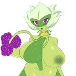  1girl breast_slip breasts curvy flower green_skin huge_breasts jcdr lactation monster_girl nectar nipples personification plant_girl pokemon purple_eyes roserade shiny_pokemon white_hair wide_hips 