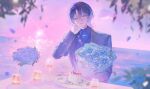  1girl androgynous birthday_cake black_vest blue_eyes blue_flower blue_hair blue_jacket blue_rose blue_shirt blurry blurry_foreground bouquet cake collared_shirt commentary_request cup drinking_glass earclip falling_leaves flower food hair_between_eyes half-closed_eyes hand_on_own_face happy_birthday highres hiodoshi_ao holding holding_bouquet hololive hololive_dev_is jacket l_lp_q leaf looking_at_viewer mole mole_under_mouth ocean parted_lips pink_sky plate reverse_trap rose shirt short_hair sky solo sparkle strawberry_cake upper_body vase vest virtual_youtuber wine_glass 
