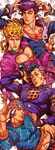  akira_atsushi anchor_symbol black_eyes blonde_hair braid dollar_sign earrings flower gakuran giorno_giovanna green_eyes guido_mista hat heart higashikata_jousuke highres jewelry jojo_no_kimyou_na_bouken midriff multicolored_hair multiple_boys nijimura_okuyasu peace_symbol petals pompadour purple_hair school_uniform sex_pistols_(stand) stand_(jojo) tattoo two-tone_hair yellow_eyes 