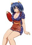  bashoku_youjou blue_hair blush breasts cleavage female hair_ribbon ikkitousen large_breasts looking_at_viewer purple_eyes ribbon short_twintails sitting smile solo twintails 