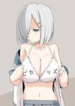  bare_shoulders blue_eyes blush bob_cut bra breasts cleavage clothes_writing collarbone commentary_request hair_ornament hair_over_one_eye hamakaze_(kantai_collection) kantai_collection kichihachi large_breasts navel pout silver_hair simple_background skirt solo translation_request underwear undressing white_bra 