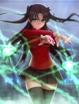 between_fingers black_hair black_legwear blurry depth_of_field fate/stay_night fate_(series) floating_hair gem glowing grey_eyes highres long_hair long_sleeves looking_at_viewer magic shirt siraha skirt solo thighhighs thighs toosaka_rin two_side_up x_arms zettai_ryouiki 