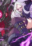  1girl :d absurdres ahoge belt black_boots black_gloves black_skirt black_thighhighs blue_archive boots commentary_request demon_girl demon_horns demon_wings fang forehead from_below gloves gun hair_ornament hairclip halo highres hina_(blue_archive) horns knee_boots kurokage_(blue_archive) lightning long_hair long_sleeves looking_at_another machine_gun mg42 military_uniform mosuke1221 panties pantyshot parted_bangs pencil_skirt purple_eyes purple_panties sam_browne_belt side_slit sidelocks skirt smile thighhighs underwear v-shaped_eyebrows wavy_hair weapon white_hair wings zettai_ryouiki 