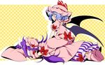  bat_wings blue_hair blush boots crescent dress eichi_yuu faceplant hat long_hair long_sleeves multiple_girls patchouli_knowledge pink_dress pink_footwear pointy_ears purple_hair red_eyes remilia_scarlet short_hair short_sleeves sitting sitting_on_person skirt touhou wings 