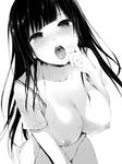  bad_id bad_pixiv_id bangs blunt_bangs blush breasts cleavage drooling greyscale koshika_rina large_breasts long_hair looking_at_viewer monochrome naked_shirt navel nipples open_clothes open_mouth oral_invitation original saliva school_uniform serafuku shirt simple_background solo straight_hair tears teeth tongue tongue_out white_background 