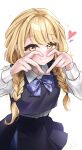  1girl aamesawaa blonde_hair blue_bow blue_bowtie blue_overskirt blue_skirt blue_vest blush bow bowtie braid commentary fingernails four-finger_heart_hands fujita_kotone gakuen_idolmaster hatsuboshi_gakuen_school_uniform heart heart_hands highres idolmaster long_hair long_sleeves looking_at_viewer plaid_bow plaid_bowtie plaid_clothes school_uniform shirt simple_background skirt skirt_set smile solo sparkle symbol-only_commentary twin_braids vest white_background white_shirt yellow_eyes 