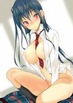 areola_slip areolae between_breasts black_hair blush breasts coin_rand earrings jewelry large_breasts naked_shirt navel necktie necktie_between_breasts no_panties open_clothes open_shirt pink_eyes red_neckwear shirt sitting skirt skirt_removed socks solo striped striped_neckwear 