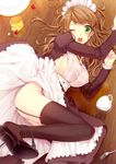  ;o apron bad_id bad_pixiv_id blush breasts brown_hair brown_legwear cake cup embarrassed entangled fallen_down food fork fruit garter_straps green_eyes high_heels juliet_sleeves large_breasts legs long_hair long_sleeves lying maid maid_headdress moe2015 one_eye_closed original plate puffy_sleeves reflection reflective_floor see-through shoes sideboob skirt skirt_lift solo spill strawberry thighhighs wavy_hair wet wet_clothes wooden_floor yuki_(itkinggg) 