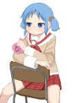  1girl blue_eyes blue_hair bow bowtie chair chocolate closed_mouth commentary_request cube_hair_ornament feet_out_of_frame food hair_ornament half-closed_eyes highres holding holding_chocolate holding_food light_blush long_sleeves looking_to_the_side naganohara_mio naganoharamiomio nichijou on_chair plaid_clothes plaid_skirt pleated_skirt red_bow red_bowtie red_skirt sailor_collar school_chair school_uniform short_hair short_twintails simple_background sitting sitting_backwards skirt solo tokisadame_school_uniform twintails white_background white_sailor_collar 