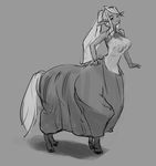  animal_ears breasts centaur centorea_shianus full_body grey_background greyscale hand_on_hip horse_ears horse_tail long_hair monochrome monster_girl monster_musume_no_iru_nichijou multiple_legs ponytail shadow simple_background sketch sleeveless smile snibako solo tail 