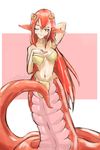  arm_behind_head armpits bikini breasts breasts_apart hair_ornament hairclip hand_on_own_chest lamia long_hair miia_(monster_musume) monster_girl monster_musume_no_iru_nichijou navel one_eye_closed pointy_ears red_hair scales signature sketch slit_pupils smile snibako solo swimsuit very_long_hair yellow_eyes 