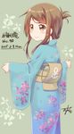  brown_eyes brown_hair dated folded_ponytail from_behind gurande_(g-size) highres inazuma_(kantai_collection) japanese_clothes kantai_collection kimono long_hair solo yukata 