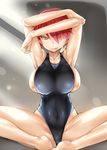  :p arms_up breasts competition_swimsuit hair_over_one_eye highleg highleg_swimsuit huge_breasts legs looking_at_viewer one-piece_swimsuit original pink_hair sideboob solo swimsuit thighs tongue tongue_out usyuuri yellow_eyes 