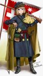  1girl absurdres antique_firearm artist_name banner belt_pouch black_boots blonde_hair blue_coat blue_eyes blue_hat blush boots cape coat cossack cossack_hetmanate_flag english_text firelock flag flagpole full_body fur-trimmed_headwear fur_trim grin gun hair_between_eyes hat highres jolibond knee_boots leaning leaning_on_object long_coat looking_at_viewer marichka matchlock military military_uniform musket original over_shoulder posing pouch powder_horn red_sash rifle saber_(weapon) sash scabbard sheath short_hair signature smile solo standing strap sword tassel teeth waist_sash weapon weapon_on_back weapon_over_shoulder yellow_cape 