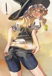  1girl ass bike_shorts bike_shorts_pull blonde_hair blush commentary_request from_behind hat kirisame_marisa looking_back solo spoken_exclamation_mark steam sweat touhou witch_hat yellow_eyes yohane 