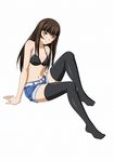  1girl arm_support black_bra black_legwear bra brown_eyes brown_hair denim denim_shorts female ikkitousen invisible_chair legs long_hair navel shorts solo ten&#039;i_(ikkitousen) ten'i_(ikkitousen) thighhighs underwear 