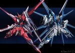  absurdres artificial_eye artist_name beam_rifle blue_eyes compass_(gundam) energy_gun energy_sword english_commentary english_text glowing glowing_eyes green_eyes gun gundam gundam_seed gundam_seed_freedom highres holding holding_beam_saber holding_gun holding_shield holding_sword holding_weapon humanoid_robot immortal_justice_gundam looking_at_viewer mecha mechanical_arms mechanical_eye mechanical_hands mechanical_legs mechanical_wings mobile_suit no_humans rifle rising_freedom_gundam robot science_fiction sensor shield shimashun sword v-fin weapon wings 