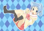  1girl animal_ears black_socks blue_background blue_eyes blue_hair bow bowtie cat_ears checkered_background commentary_request cube_hair_ornament fang full_body hair_ornament kneehighs light_blush long_sleeves looking_at_viewer naganohara_mio naganoharamiomio nichijou no_shoes open_mouth outline paw_pose plaid_clothes plaid_skirt pleated_skirt red_bow red_bowtie red_skirt sailor_collar school_uniform short_hair short_twintails skirt socks solo tokisadame_school_uniform twintails white_outline white_sailor_collar 