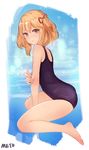  bare_shoulders barefoot black_eyes blonde_hair blush hair_ribbon meto31 one-piece_swimsuit original ribbon school_swimsuit short_hair short_twintails sitting solo swimsuit twintails wariza 