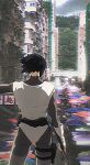  1girl absurdres aizheajsee apartment belt black_hair bodysuit building bulletproof_vest city from_behind ghost_in_the_shell gloves grey_bodysuit highres holster kusanagi_motoko photo_background road short_hair solo street subdermal_port thigh_holster thigh_strap white_gloves 