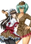  2girls breasts brown_eyes brown_hair cleavage female green_eyes green_hair ikkitousen large_breasts long_hair looking_at_viewer multiple_girls official_art open_mouth ryofu_housen smile solo standing ten&#039;i_(ikkitousen) ten'i_(ikkitousen) twintails 