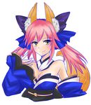  animal_ears asuka_(aqua_space) bare_shoulders blush breasts cleavage detached_sleeves fate/extra fate_(series) fox_ears fox_tail hair_ribbon japanese_clothes large_breasts looking_at_viewer pink_hair ribbon simple_background smile solo tail tamamo_(fate)_(all) tamamo_no_mae_(fate) twintails white_background yellow_eyes 