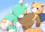 abuniverse aggretsuko ailurid animal_crossing anthro blush bunnyhopps bunnyhopps_(diaper) censored censored_genitalia clean_diaper clothed clothing crossover diaper duo fellatio genitals hi_res lagomorph leporid male male/male mammal nintendo open_diaper oral penile penis rabbit red_panda resasuke sanrio sasha_(animal_crossing) satsuki_rabbit sex wearing_diaper
