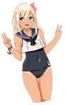  :d bad_id bad_pixiv_id blonde_hair blue_eyes crop_top cropped_legs double_v flower hair_flower hair_ornament kantai_collection long_hair ojipon one-piece_swimsuit open_mouth ro-500_(kantai_collection) sailor_collar school_swimsuit smile solo swimsuit swimsuit_under_clothes tan tanline v 