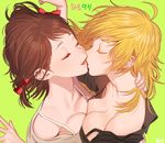  amami_haruka artist_name blonde_hair bow breast_press breasts brown_hair character_name cleavage closed_eyes colored_eyelashes green_background hair_bow hand_on_neck hoshii_miki idolmaster idolmaster_(classic) imminent_kiss korean long_hair lying medium_breasts multiple_girls rod_(rod4817) simple_background symmetrical_docking yuri 