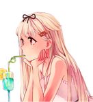  bare_shoulders blonde_hair chin_rest crazy_straw drinking drinking_straw food fruit hair_flaps hair_ornament hair_ribbon hairclip kantai_collection lemon lemon_slice long_hair red_eyes remodel_(kantai_collection) ribbon solo tropical_drink upper_body waiting white_background yuudachi_(kantai_collection) zik_(zelco) 