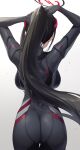  1girl adjusting_hair arms_up ass backboob black_bodysuit black_hair blue_archive bodysuit breasts commentary_request cow cowboy_shot floating_hair from_behind fukai_ryosuke grey_background halo highres large_breasts long_hair official_alternate_costume ponytail rio_(blue_archive) rio_(bodysuit)_(blue_archive) skin_tight solo standing thigh_gap very_long_hair 
