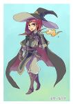  1girl black_hat blue_background book boots border cape cosplay cosplay_request danganronpa_(series) danganronpa_v3:_killing_harmony eyelashes fire fire_emblem full_body gloves hat highres holding holding_book kumakoro_(tetsupag) looking_at_viewer miriel_(fire_emblem) miriel_(fire_emblem)_(cosplay) open_mouth pyrokinesis red_hair short_hair simple_background solo tabard white_border witch_hat yumeno_himiko 