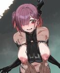  1girl belt bikini black_bikini black_gloves black_horns black_shirt blush bow_(bhp) breasts chest_belt chinese_commentary clothes_lift collarbone ear_piercing elbow_gloves gloves goddess_of_victory:_nikke hair_over_one_eye highres horns huge_breasts medium_hair navel nervous_smile nipples o-ring o-ring_belt one_eye_covered one_side_up open_mouth piercing pink_eyes pink_hair revision shirt shirt_lift single_horn smile solo_focus steam steaming_body stomach sweat sweatdrop swimsuit thighs ziz_(nikke) 