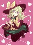  black_legwear blush bow green_eyes green_hair hat heart heart-shaped_pupils heart_hands komeiji_koishi long_sleeves looking_at_viewer miruki pantyhose pink_background short_hair simple_background sketch skirt smile solo symbol-shaped_pupils touhou 