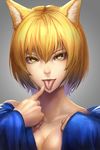  animal_ears blonde_hair breasts cleavage collarbone finger_licking finger_to_mouth fox_ears hand_on_own_chest licking long_sleeves looking_at_viewer medium_breasts minami_koyogi pointing pointing_at_self short_hair sleeves_past_wrists slit_pupils smirk solo tongue tongue_out touhou yakumo_ran yellow_eyes 