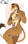 2025 5_fingers anthro areola border breasts brown_body brown_fur brown_hair brown_tail claws countershade_torso countershading digital_media_(artwork) felid female finger_claws fingers front_view fur hair handpaw hi_res katfishcom lion looking_at_viewer mammal nipples nude nude_anthro nude_female pantherine paws simple_background smile solo standing tail white_border yellow_eyes