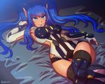 akairiot armor armpits bad_id bad_tumblr_id bangs bed_sheet blue_eyes blue_hair borrowed_character breastplate breasts dutch_angle elbow_gloves eyeshadow fingerless_gloves from_above gloves greaves hand_behind_head hips indoors knee_pads knees_touching large_breasts leotard long_hair looking_at_viewer lying makeup neon_trim on_back on_bed original phantasy_star phantasy_star_online_2 pointy_ears sidelocks signature smile solo thighhighs tiger_pierce twintails vambraces wide_hips 