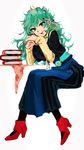  artist_request behind_ear blue_skirt book chair desk eto_(tokyo_ghoul) full_body green_eyes green_hair hands_together high_heels long_hair long_skirt long_sleeves open_mouth pantyhose pen red_footwear shoes simple_background sitting skirt smile solo tokyo_ghoul white_background 