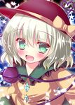  bow green_eyes hat hat_bow heart heart_of_string komeiji_koishi long_sleeves open_mouth petals rikatan shirt silver_hair smile solo third_eye touhou upper_body wide_sleeves 